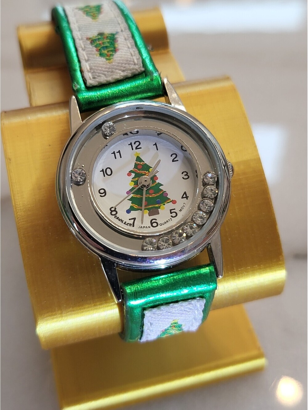 Vtg Christmas Tree Watch Quartz Silvertone Moving RhinestonesNew Battery Working
